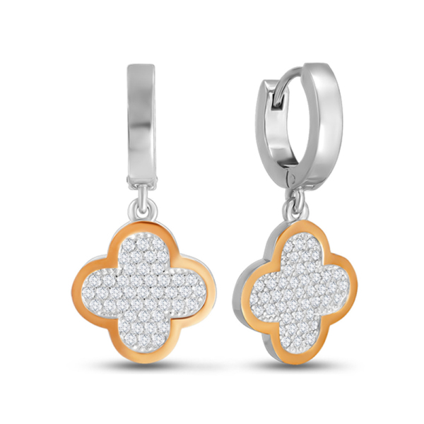 Silver dangle earrings "Clover" with gold plates and cubic zirconia