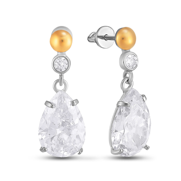 Drop and dangle silver earrings with shiny crystals and gold plates "Viktoria"