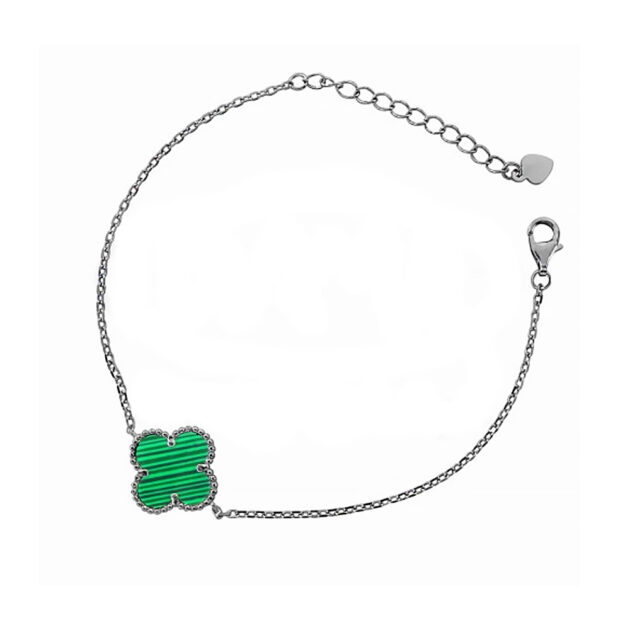 Silver "Clover" bracelet with malachite (15 mm)