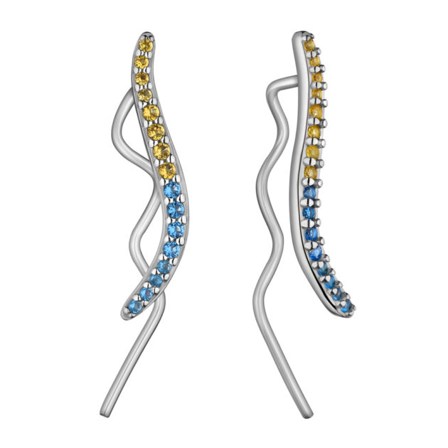Silver climber-earrings in yellow and blue