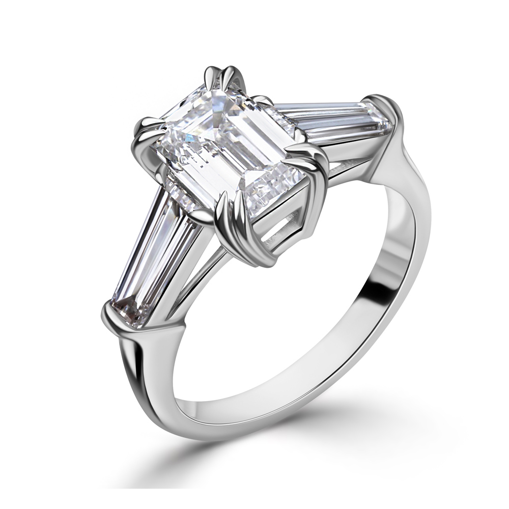 white gold engagement ring with 2 ct lab diamond emerald cut and tepered baguettes R-00874 Oprah