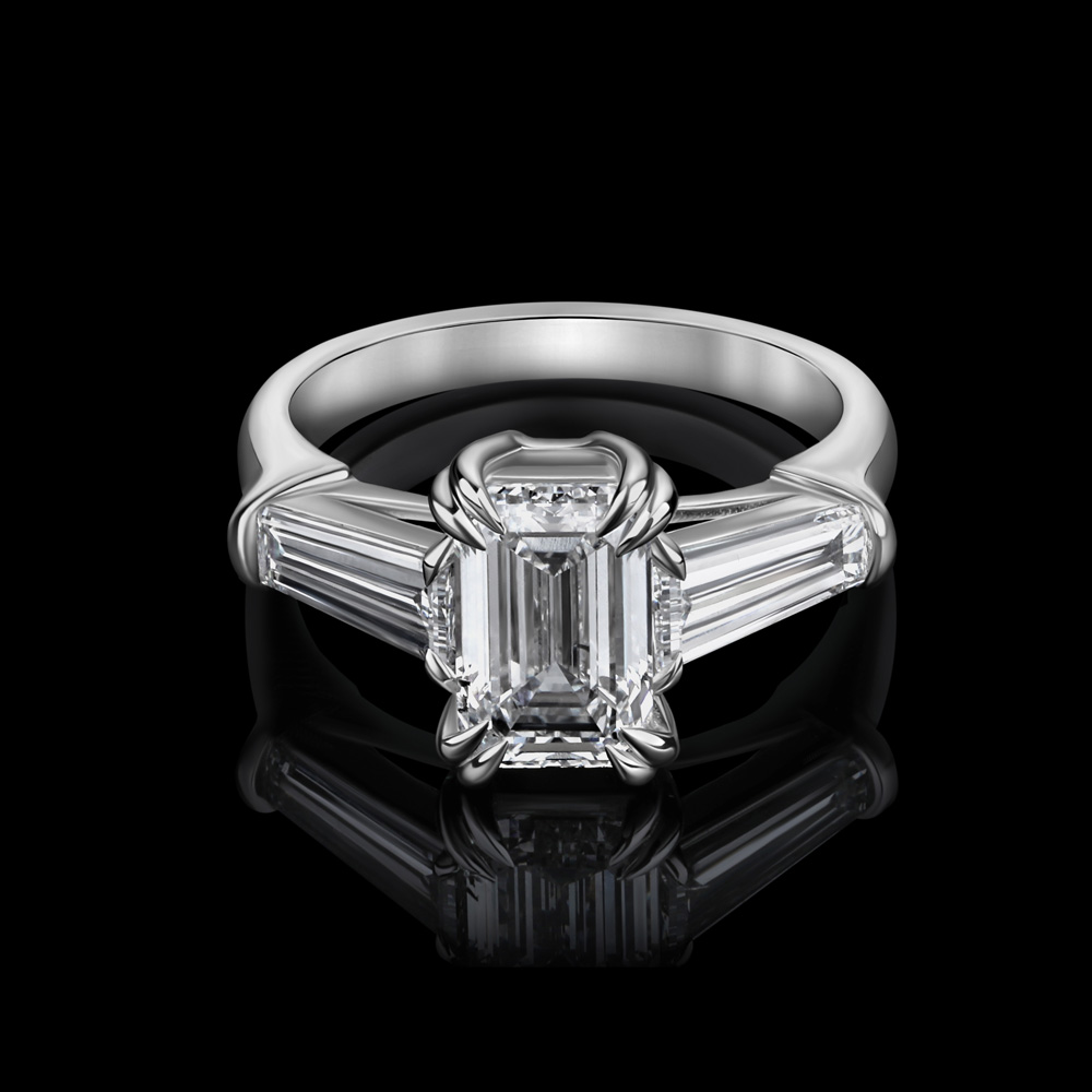 white gold engagement ring with 2 ct lab diamond emerald cut and tepered baguettes R–00874 Oprah