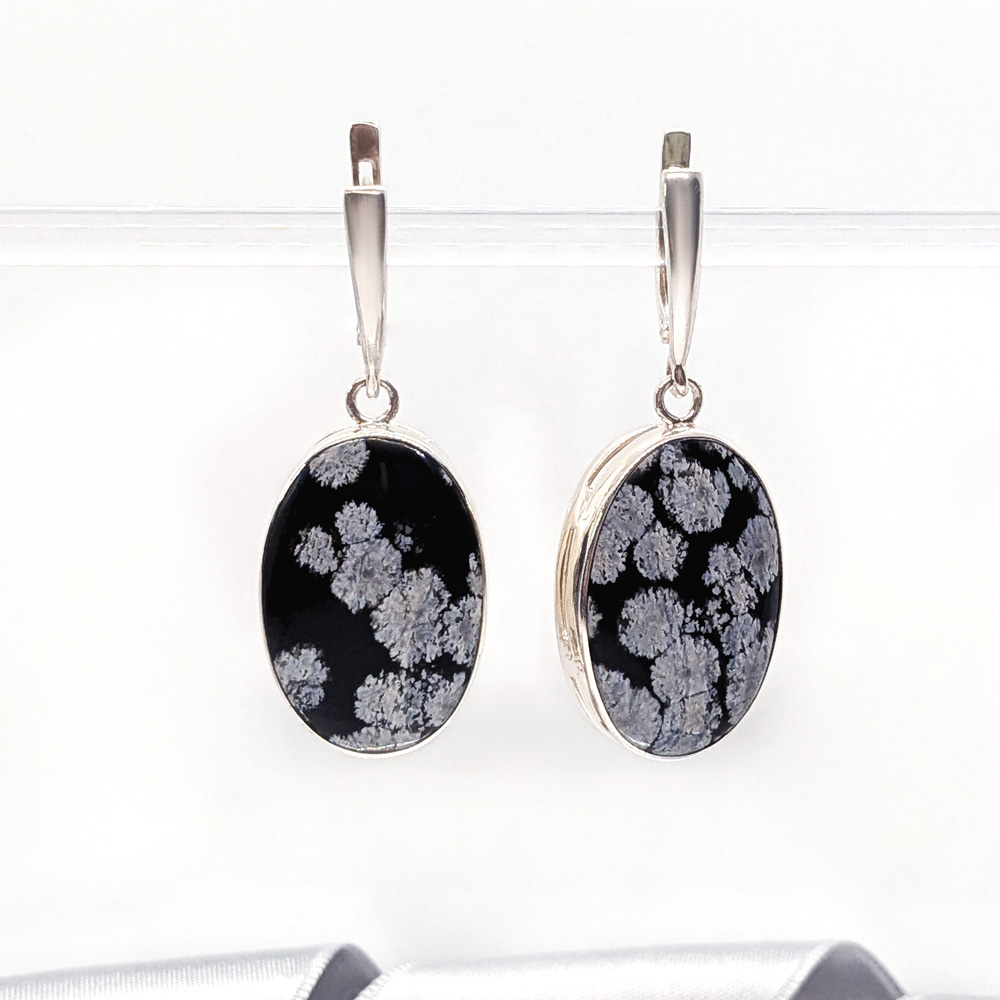 silver earrings with Snowflake Obsidian