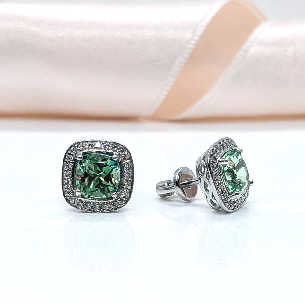 silver stud-earrings with light-green cushions